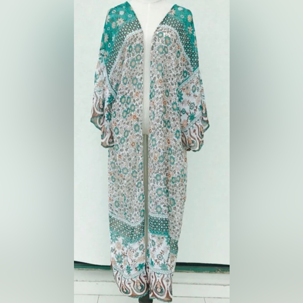 Sage Bohemian Chiffon Kimono Duster, Bikini Coverup - Picture 6 of 6